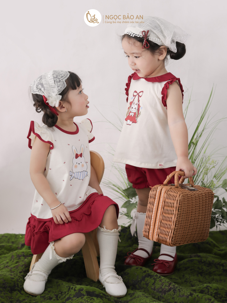 [M&B] BST THỎ MƠ: Set áo sát nách phối bèo quần ngắn bí cotton M&b cho bé gái (Swinging Bunny)