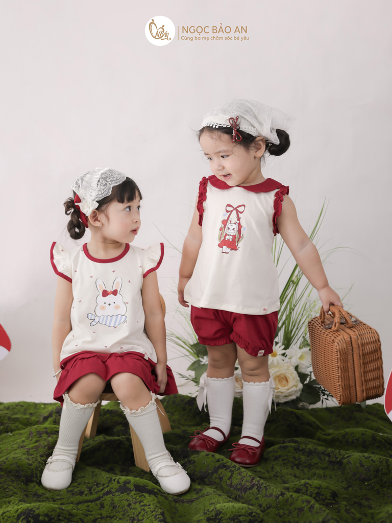[M&B] BST THỎ MƠ: Set áo sát nách phối bèo quần ngắn bí cotton M&b cho bé gái (Swinging Bunny)