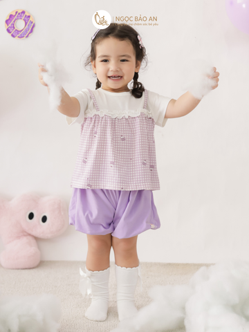 [M&B] BST CANDY: Bộ áo tay ngắn quần bí cotton M&b cho bé (Caro Nơ Tím)