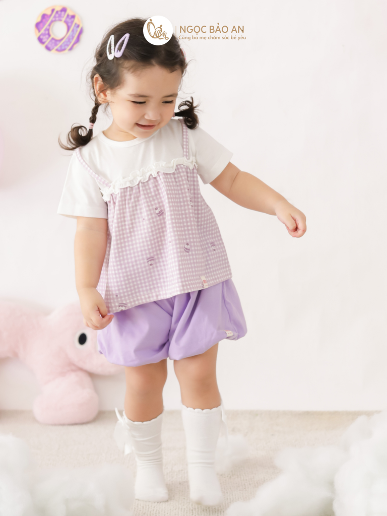 [M&B] BST CANDY: Bộ áo tay ngắn quần bí cotton M&b cho bé (Caro Nơ Tím)