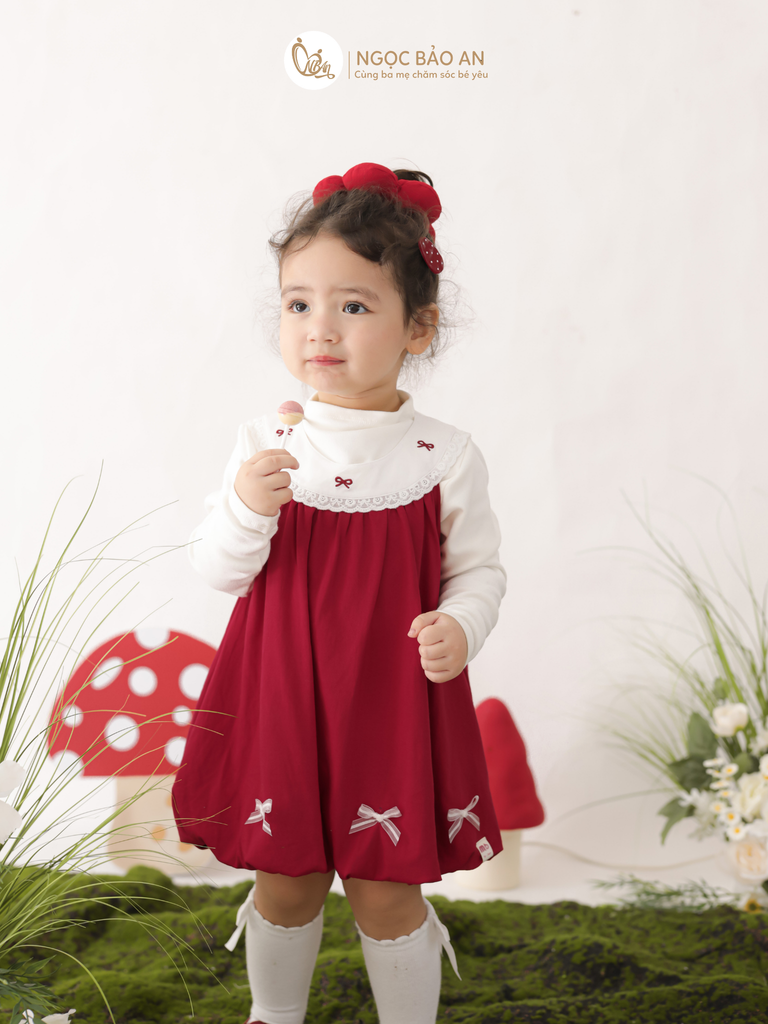 [M&B] BST THỎ MƠ: Đầm dáng bí phối cổ ren đính nơ cotton M&b cho bé gái