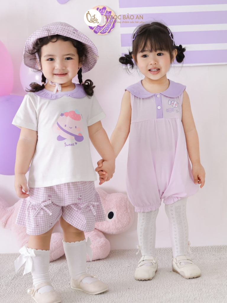 [M&B] BST CANDY: Bộ áo tay ngắn quần giả váy cotton M&b cho bé (Kẹo Dâu)