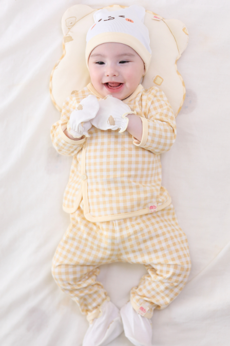 [M&B] Bộ tay dài cài bên cotton caro vàng