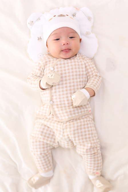 [M&B] Bộ tay dài cài bên cotton caro nâu