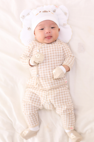 [M&B] Bộ tay dài cài bên cotton caro nâu