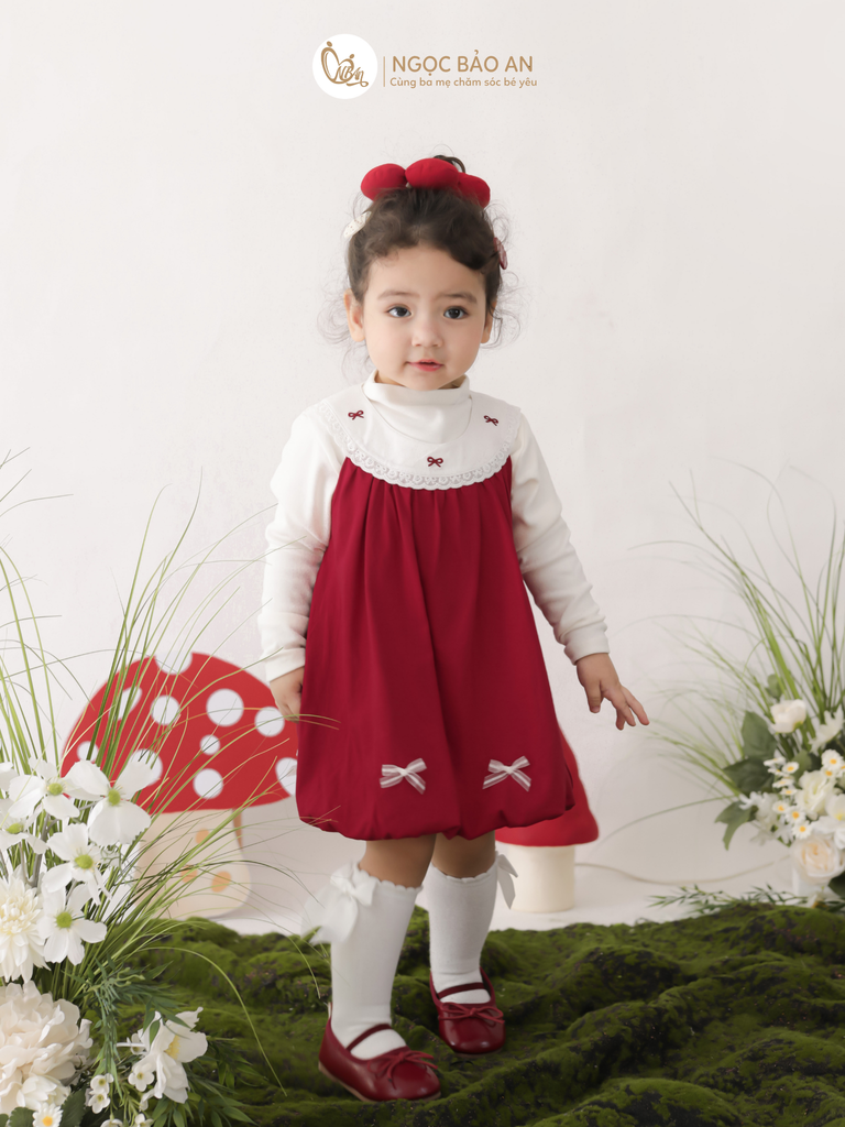 [M&B] BST THỎ MƠ: Đầm dáng bí phối cổ ren đính nơ cotton M&b cho bé gái
