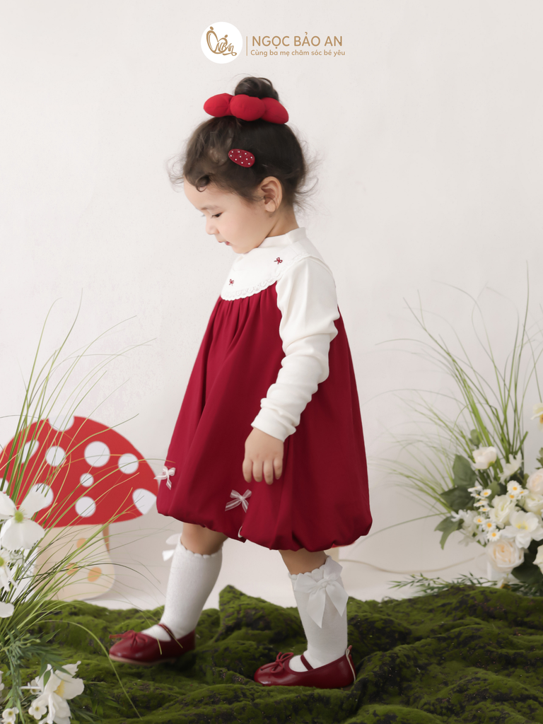 [M&B] BST THỎ MƠ: Đầm dáng bí phối cổ ren đính nơ cotton M&b cho bé gái