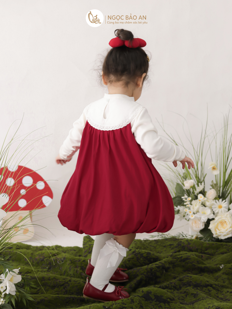 [M&B] BST THỎ MƠ: Đầm dáng bí phối cổ ren đính nơ cotton M&b cho bé gái