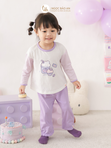 [M&B] BST CANDY: Bộ áo quần tay dài cotton M&b cho bé (Kem Tím)