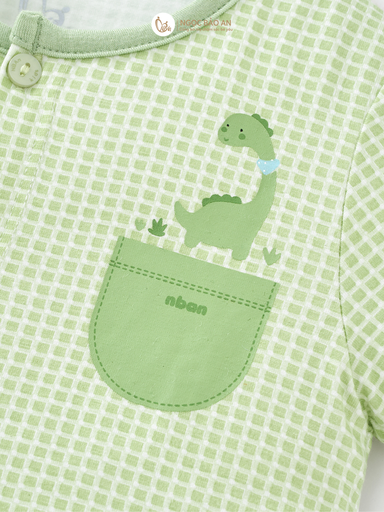 [M&B] Bộ tay ngắn cài giữa caro dino ngọc (0-24m)