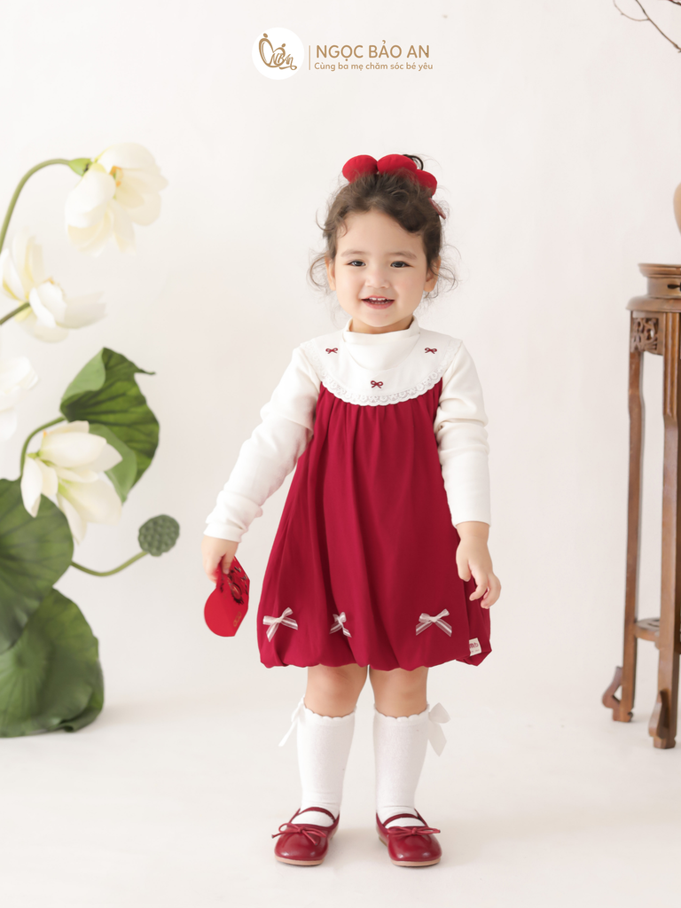 [M&B] BST THỎ MƠ: Đầm dáng bí phối cổ ren đính nơ cotton M&b cho bé gái