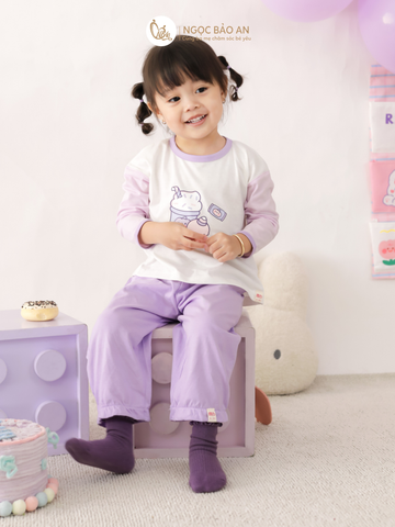 [M&B] BST CANDY: Bộ áo quần tay dài cotton M&b cho bé (Kem Tím)