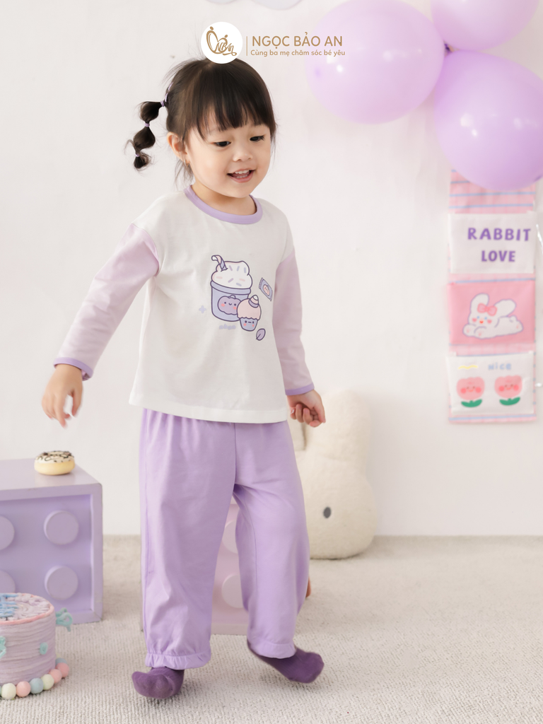 [M&B] BST CANDY: Bộ áo quần tay dài cotton M&b cho bé (Kem Tím)