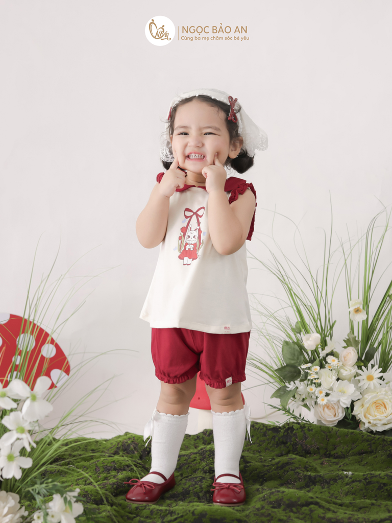 [M&B] BST THỎ MƠ: Set áo sát nách phối bèo quần ngắn bí cotton M&b cho bé gái (Swinging Bunny)