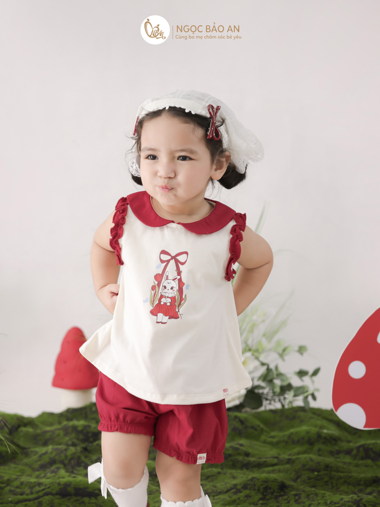 [M&B] BST THỎ MƠ: Set áo sát nách phối bèo quần ngắn bí cotton M&b cho bé gái (Swinging Bunny)
