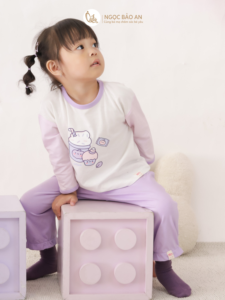 [M&B] BST CANDY: Bộ áo quần tay dài cotton M&b cho bé (Kem Tím)