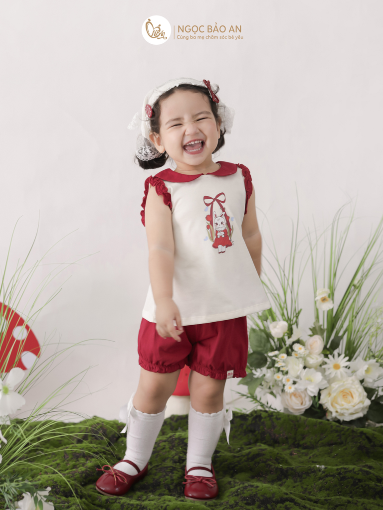 [M&B] BST THỎ MƠ: Set áo sát nách phối bèo quần ngắn bí cotton M&b cho bé gái (Swinging Bunny)