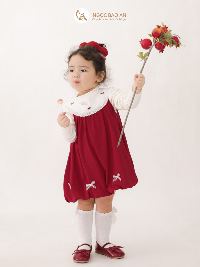 [M&B] BST THỎ MƠ: Đầm dáng bí phối cổ ren đính nơ cotton M&b cho bé gái