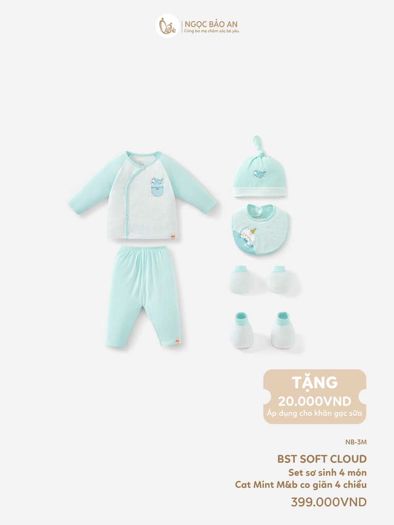 [M&B] CB1: Bộ dài tay cài bên + set nón chóp bao tay chân bo Caro Cat Mint (NB-3m)