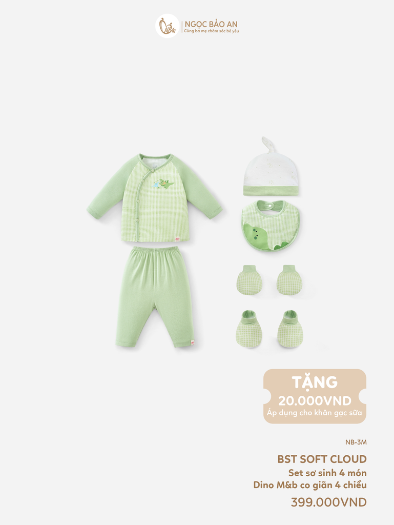 [M&B] CB1: Bộ dài tay cài bên+ yếm + set nón chóp bao tay chân bo Caro Dino (NB-3m)