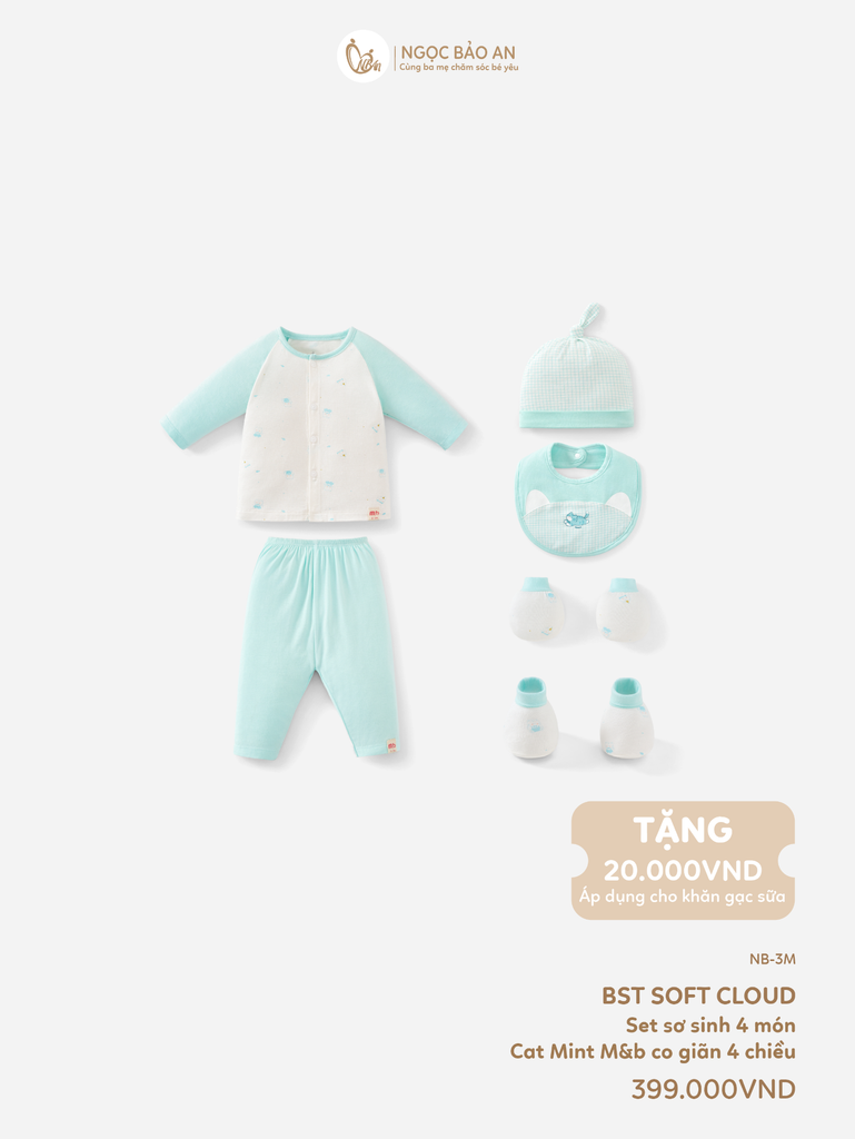 [M&B] CB1: Bộ dài tay cài giữa + set nón chóp bao tay chân bo Cat Mint (NB-3m)