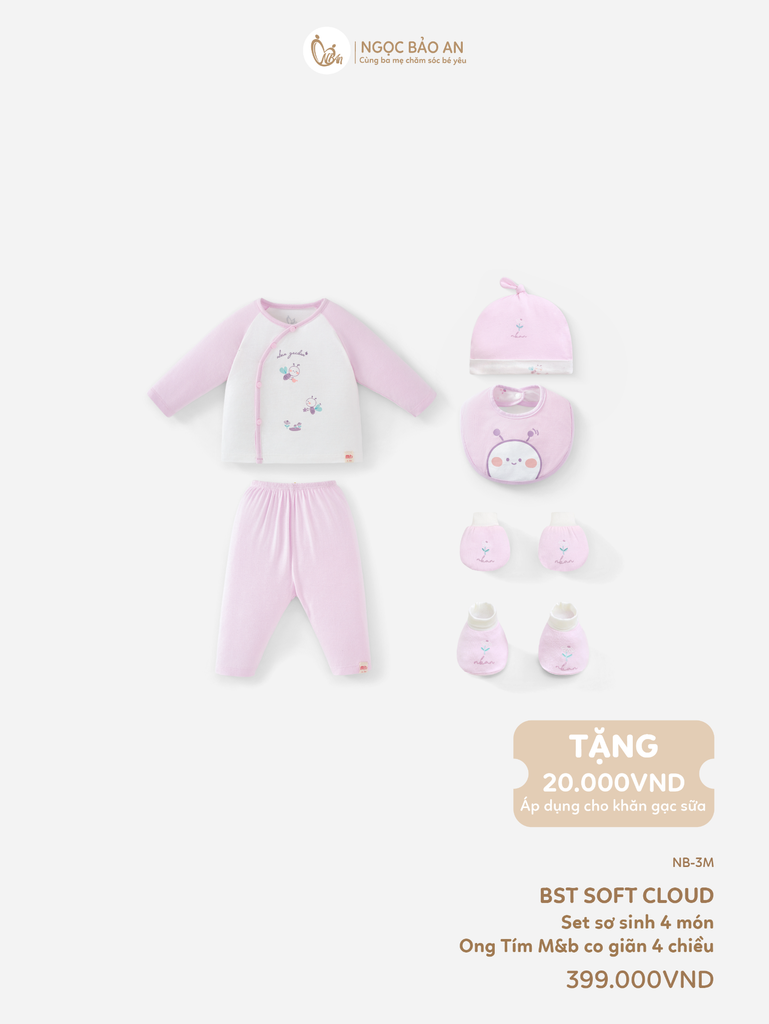 [M&B] CB1: Bộ dài tay cài bên + set nón chóp bao tay chân bo Hoa Tím (NB-3m)