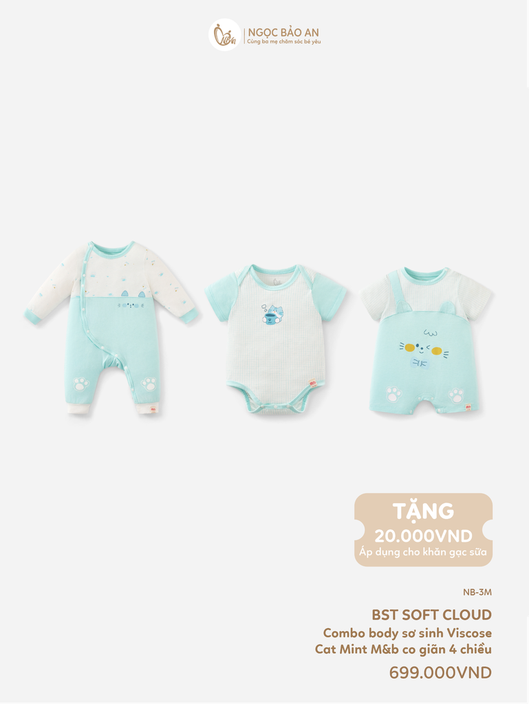 [M&B] CB2: Set bodysuit dáng dài + body đùi tay ngắn + bodychip tay ngắn Cat Mint (NB-3m)