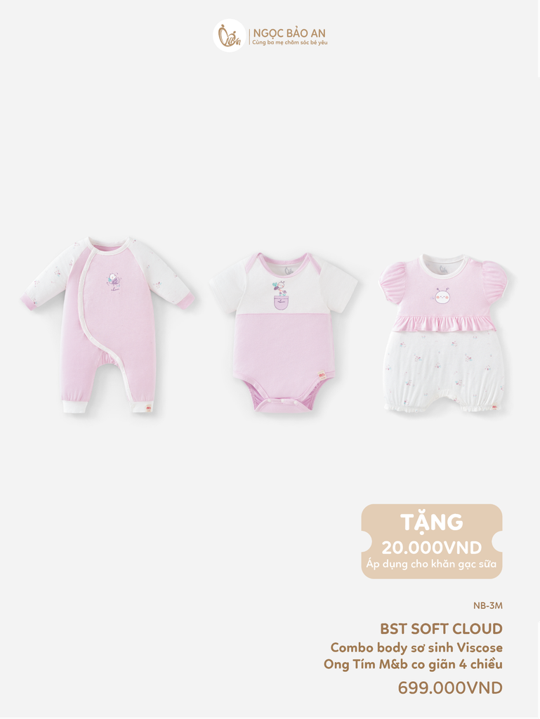[M&B] CB2: Set bodysuit dáng dài + body đùi tay ngắn + bodychip tay ngắn Ong Tím (NB-3m)