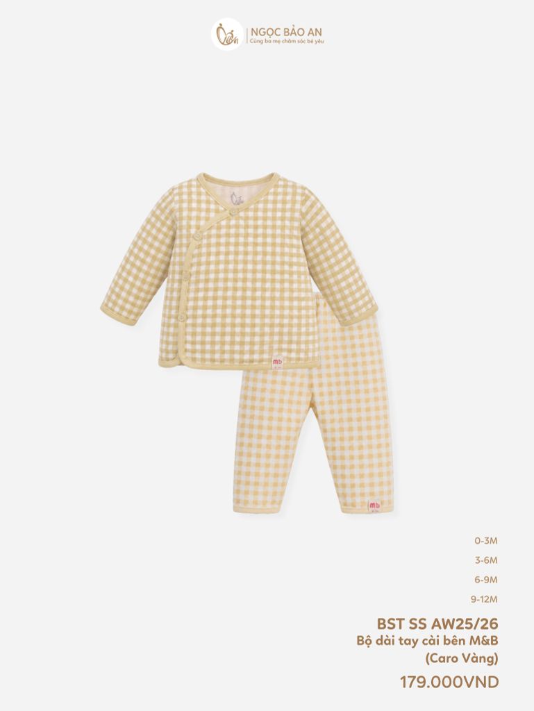 [M&B] Bộ tay dài cài bên cotton caro vàng