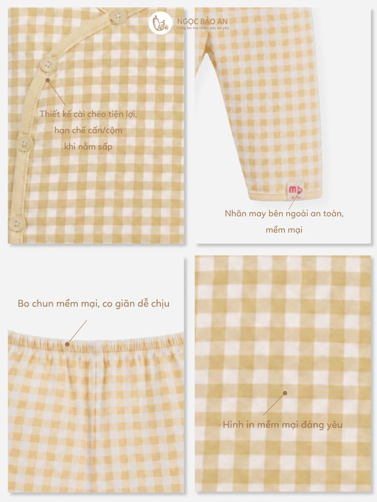 [M&B] Bộ tay dài cài bên cotton caro vàng