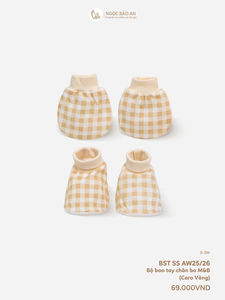 [M&B] Bộ bao tay chân bo cotton sơ sinh họa tiết Caro Vàng