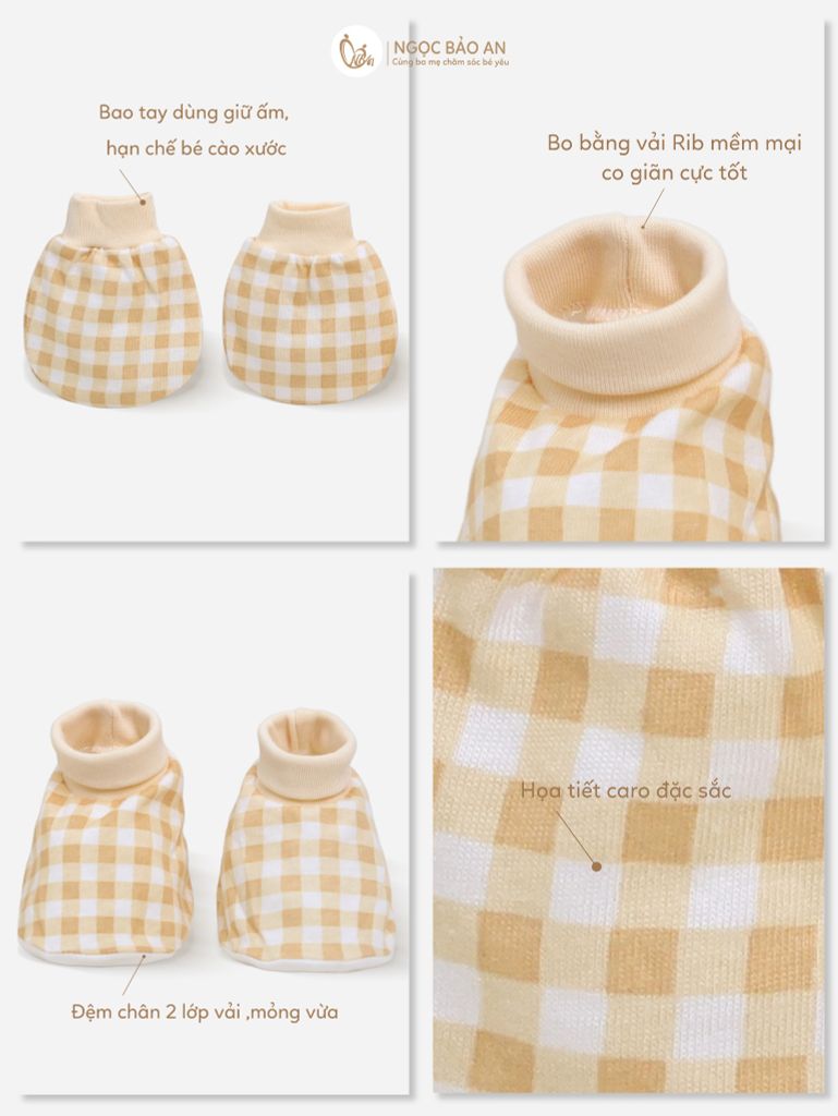 [M&B] Bộ bao tay chân bo cotton sơ sinh họa tiết Caro Vàng