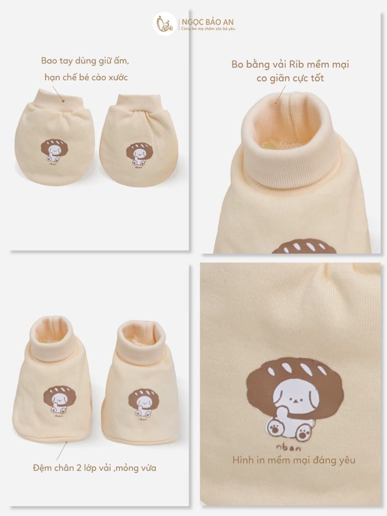 [M&B] Bộ bao tay chân bo cotton sơ sinh họa tiết Gấu Bread Vàng