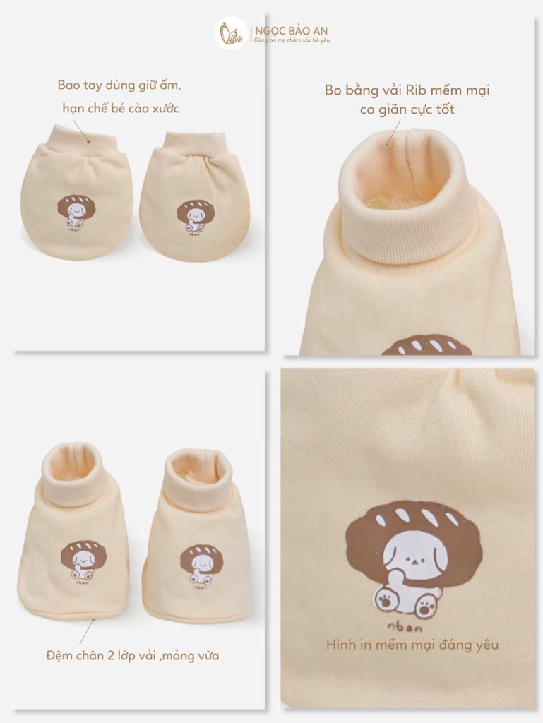 [M&B] Set nón bao tay chân bo cotton sơ sinh gấu bread vàng