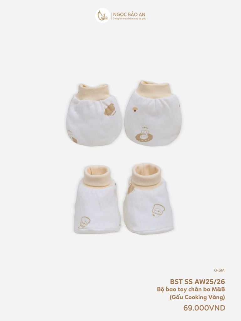 [M&B] Bộ bao tay chân bo cotton sơ sinh họa tiết Gấu Cooking Vàng