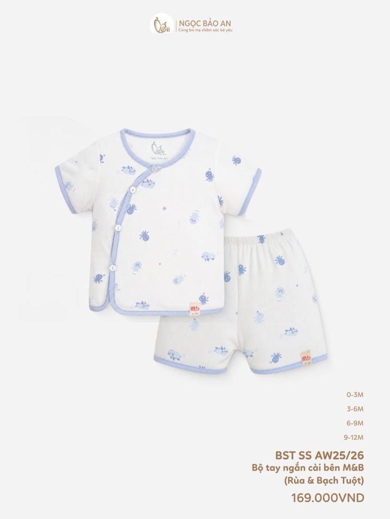 [M&B] Bộ ngắn cài bên cotton rùa bạch tuộc xanh