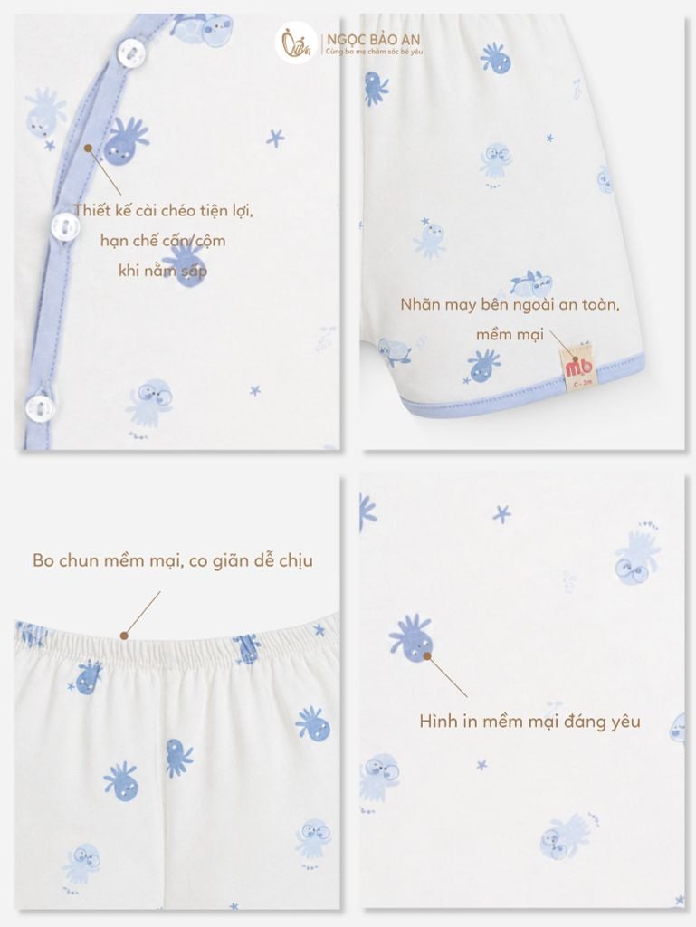 [M&B] Bộ ngắn cài bên cotton rùa bạch tuộc xanh