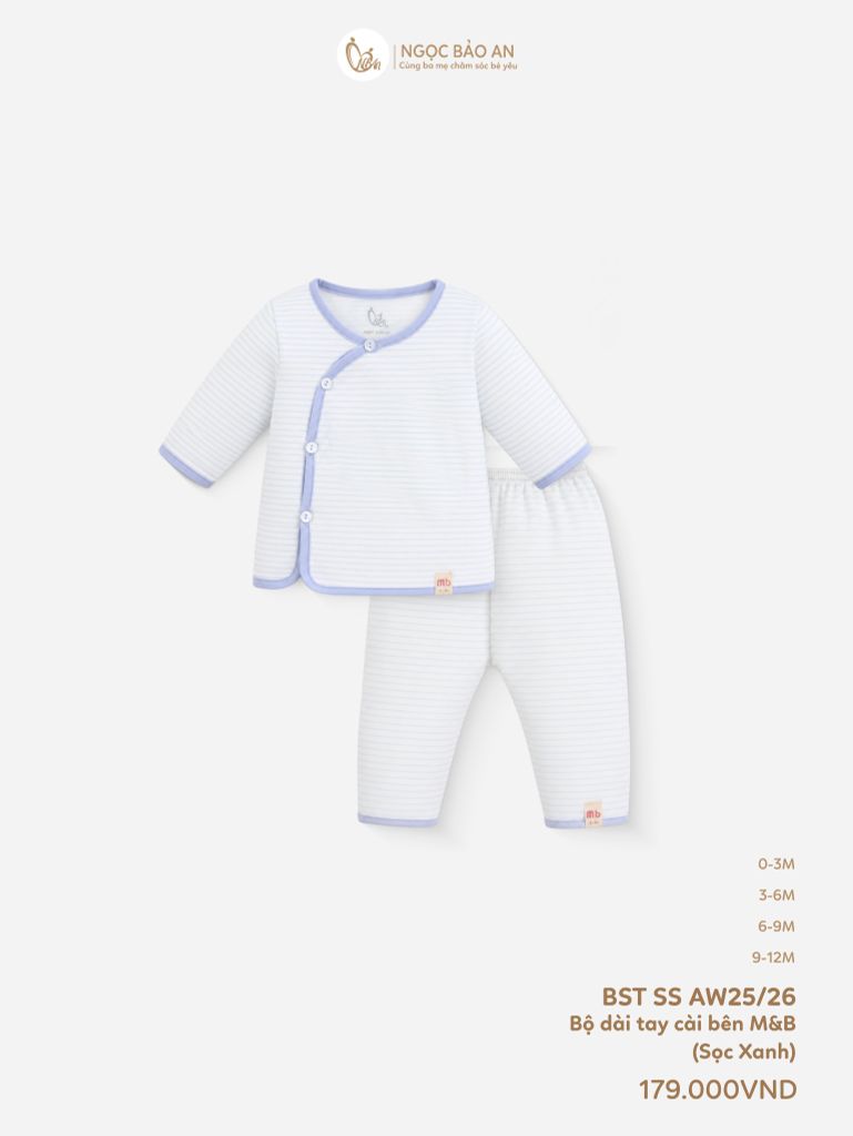 [M&B] Bộ tay dài cài bên sọc xanh cotton