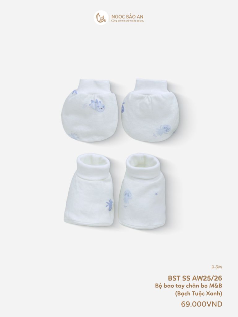 [M&B] Bộ bao tay chân bo cotton sơ sinh họa tiết Bạch Tuộc Xanh