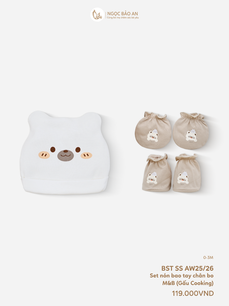 [M&B] Set nón bao tay chân thun cotton sơ sinh gấu thỏ nâu