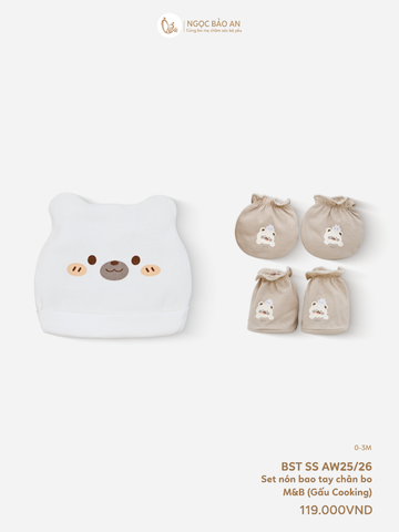 [M&B] Set nón bao tay chân thun cotton sơ sinh gấu thỏ nâu