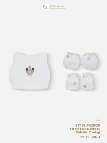 [M&B] Set nón bao tay chân thun cotton sơ sinh gấu dâu