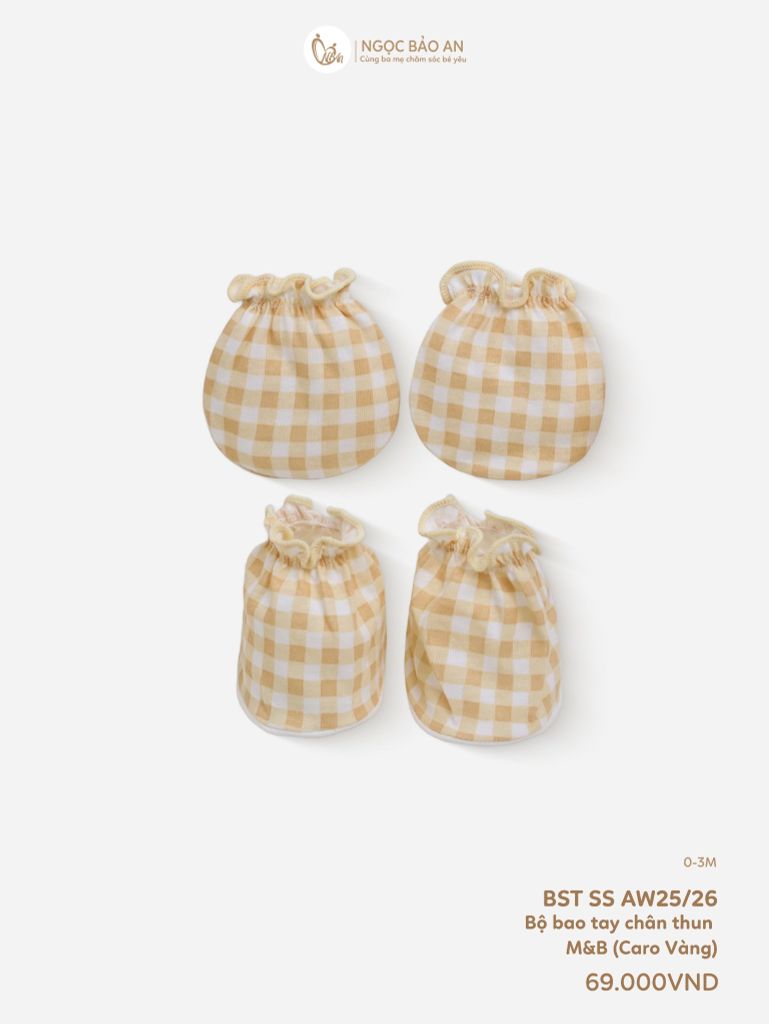 [M&B] Bộ bao tay chân thun cotton sơ sinh họa tiết Caro Vàng