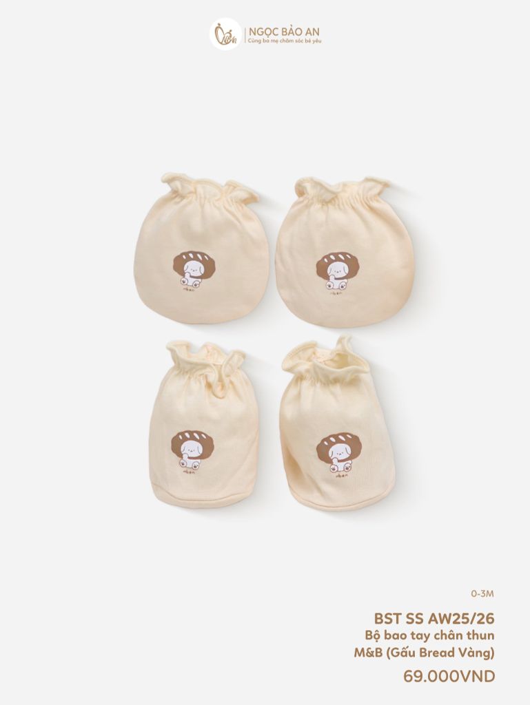 [M&B] Bộ bao tay chân thun cotton sơ sinh họa tiết Gấu Bread Vàng