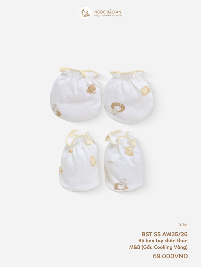 [M&B] Bộ bao tay chân thun cotton sơ sinh họa tiết Gấu Cooking Vàng