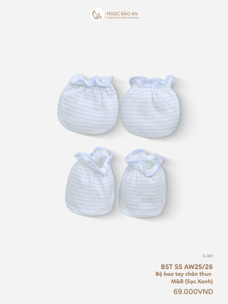 [M&B] Bộ bao tay chân thun cotton sơ sinh họa tiết Sọc Xanh