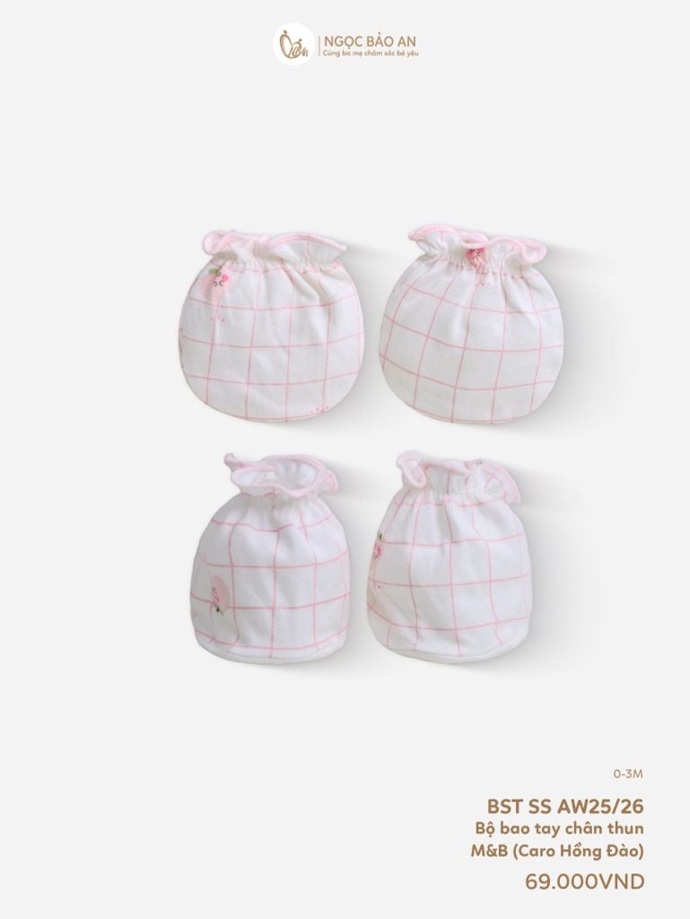 [M&B] Bộ bao tay chân thun cotton sơ sinh họa tiết caro hồng đào