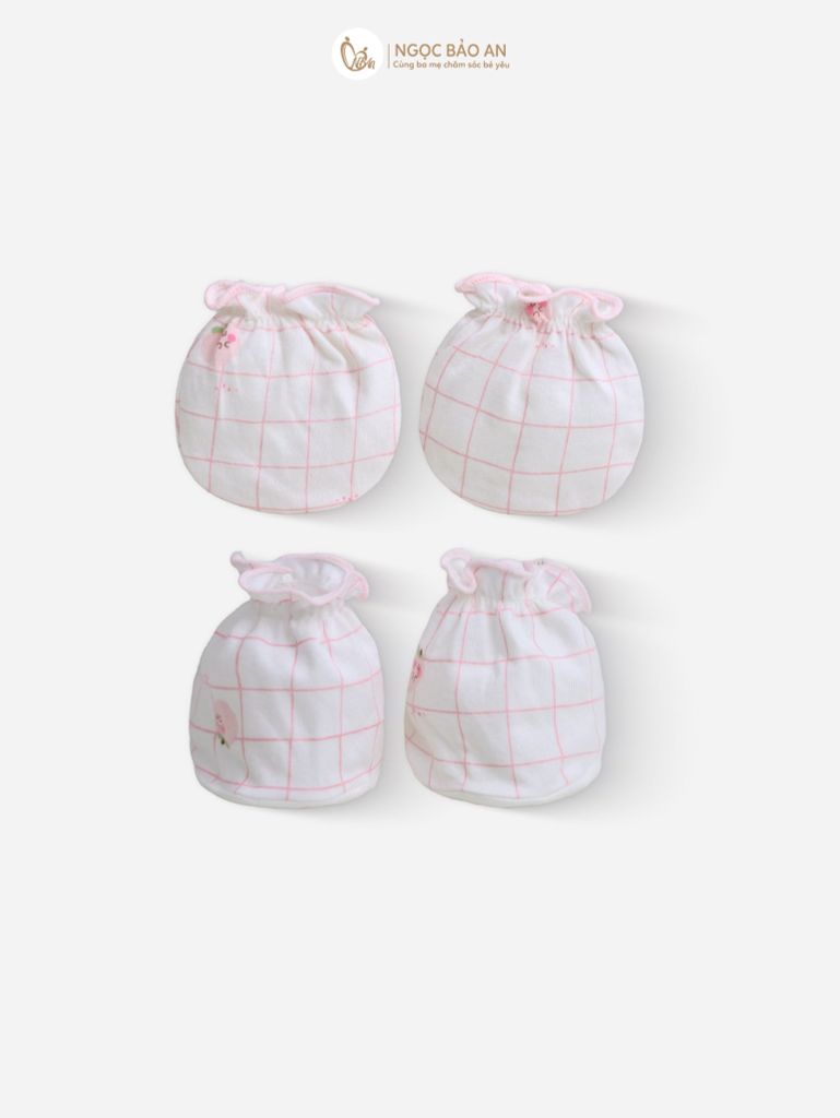 [M&B] Bộ bao tay chân thun cotton sơ sinh họa tiết caro hồng đào