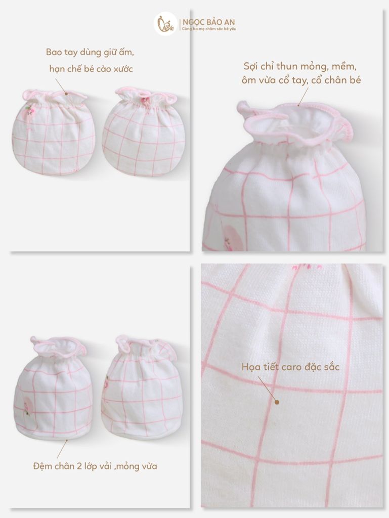 [M&B] Bộ bao tay chân thun cotton sơ sinh họa tiết caro hồng đào