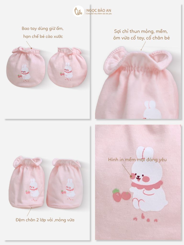 [M&B] Set nón bao tay chân thun cotton sơ sinh thỏ carrot hồng